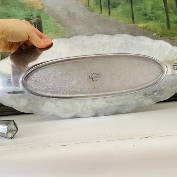 Lenox Silver Oval Tray Olive Branch W/ Scalloped Edge And Candle Snuffer Decor - Picture 7 of 12